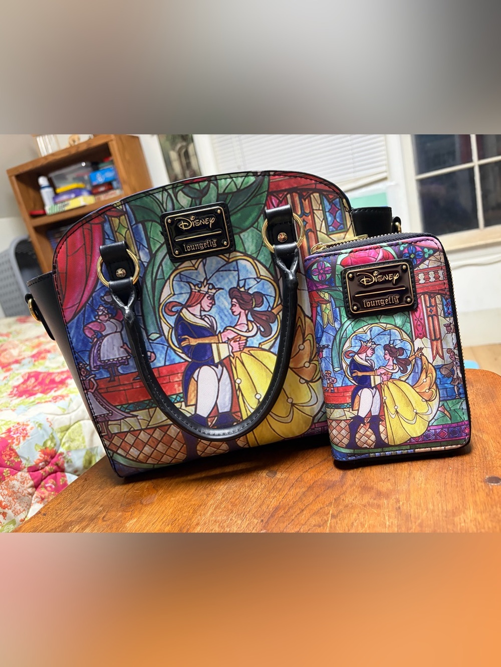 Loungefly Beauty and the Beast Stained Glass purse and matching wallet